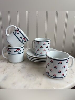NEW Vintage Copco Fine Porcelain Espresso Mug/Saucer Set of 4 White/Blue/Red VTG
